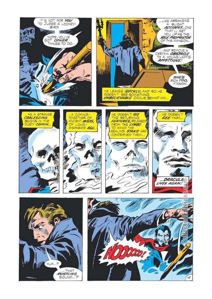 Tomb of Dracula #1, pg. 14; pencils and inks, Gene Colan; first issue, Count Dracula, wooden stake, Frank Drake, first appearance