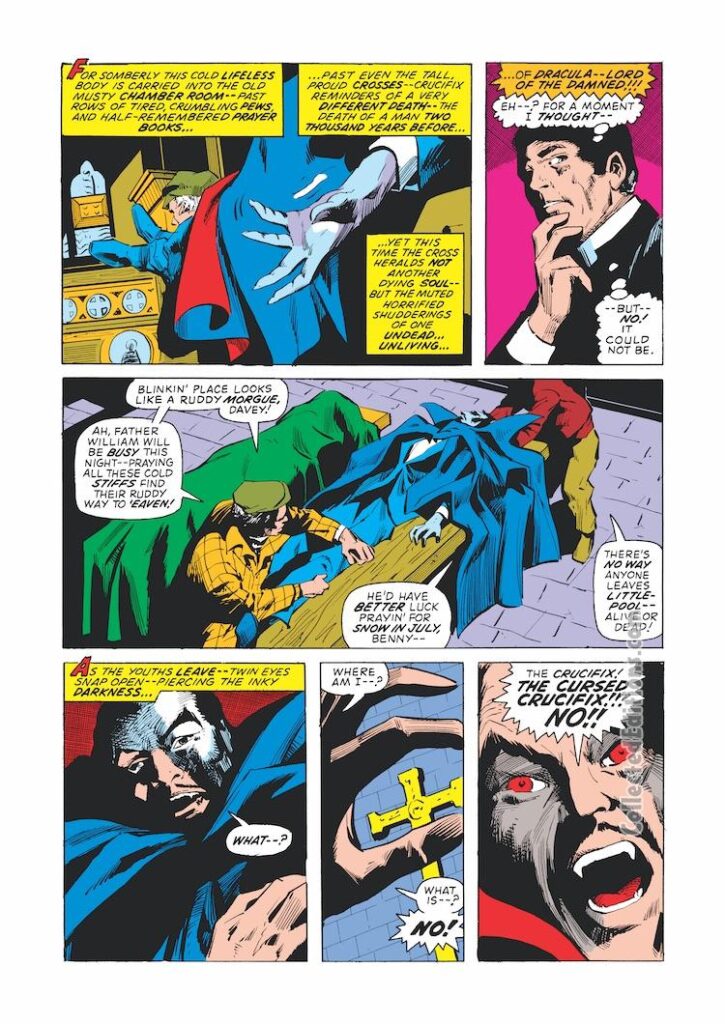 Tomb of Dracula #9, pg. 3; pencils, Gene Colan; inks, Vince Colletta; casket, crucifix, Marvel, Marv Wolfman, vampire, Count Dracula; Davey, Father William, Benny