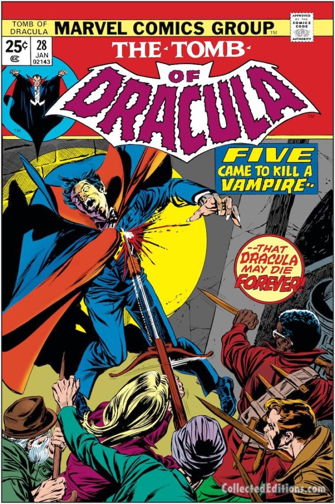 Tomb of Dracula #28 cover; pencils, Gil Kane; inks, Tom Palmer; Quincy Parker, Rachel Van Helping, Tan Nital, Frank Drake, Five Came to Kill a Vampire That Dracula May Die Forever, Blade