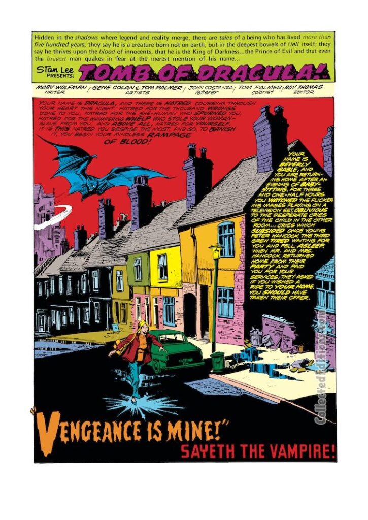 Tomb of Dracula #29, pg. 1; pencils, Gene Colan; inks, Tom Palmer; Vengeance Is Mine, Sayeth the Vampire, Marv Wolfman, writer, splash page, Beverly Gable