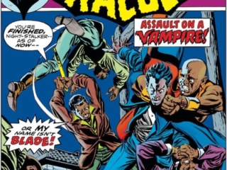 Tomb of Dracula #30 cover; pencils, Gil Kane; inks, Tom Palmer; Assault on a Vampire, Blade