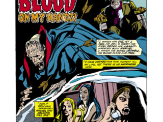 Tomb of Dracula #33, pg. 1; pencils, Gene Colan; inks, Tom Palmer; &ldquo;Blood on My Hands&rdquo;, Marv Wolfman, Quincy Harker, vampire, Count Dracula, Rachel Van Helping