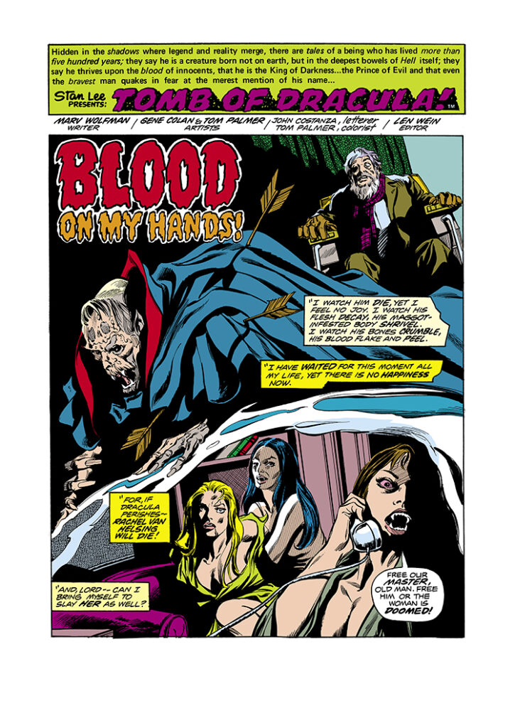 Tomb of Dracula #33, pg. 1; pencils, Gene Colan; inks, Tom Palmer; “Blood on My Hands”, Marv Wolfman, Quincy Harker, vampire, Count Dracula, Rachel Van Helping