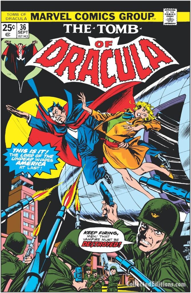 Tomb of Dracula #36 cover; pencils, Gil Kane; inks, Tom Palmer; Lord of the Undead Invades America, United States Army, Marvel Masterworks Brother Voodoo