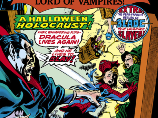 Tomb of Dracula #41 cover; pencils, Gene Colan; inks, Tom Palmer; Count Dracula, vampire; A Halloween Holocaust, Away whimpering pups, Dracula lives again, and he lives to slay, return of Blade the slayer