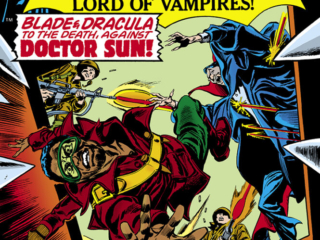 Tomb of Dracula #42 cover; pencils, Gene Colan; inks, Tom Palmer; Count Dracula, vampire; Blade to the death, against Doctor Sun