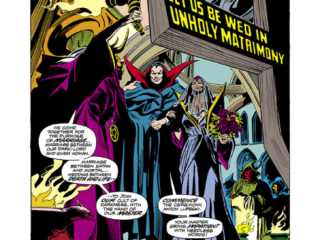 Tomb of Dracula #46, pg. 1; pencils, Gene Colan; inks, Tom Palmer; Count Dracula, vampire; Let Us Be Wed In Unholy Matrimony, Marv Wolfman, splash page, Stan Lee Presents, Anton Lupeski; Domini
