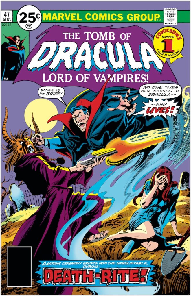 Tomb of Dracula #47 cover; pencils, Gene Colan; inks, Tom Palmer; Count Dracula, vampire; Domini is my bride, Satanic ceremony, death-rite-dracula-lives