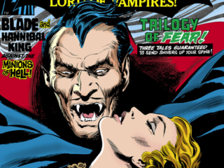 Tomb of Dracula #48 cover; pencils, Gene Colan; inks, Tom Palmer; Count Dracula, vampire; Trilogy of Fear, Blade and Hannibal King against the minions of Hell
