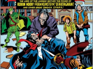 Tomb of Dracula #49 cover; pencils, Gene Colan; inks, Tom Palmer; Count Dracula, vampire; lord of the undead battles the power of Robin Hood, Frankenstein, D&rsquo;Artagnan, other great shock stars, do not reveal the surprise ending of There Shall Come Death