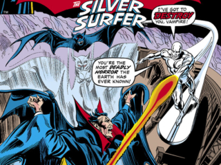Tomb of Dracula #50 cover; pencils, Gene Colan; inks, Tom Palmer; Count Dracula, vampire; Lord of the vampires against the power cosmic, Silver Surfer, I&rsquo;ve got to destroy you, most shocking story of them all
