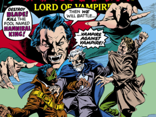 Tomb of Dracula #53 cover; pencils, Gene Colan; inks, Tom Palmer; alterations, John Romita; Count Dracula, vampire; surprise shock star, destroy Blade, kill the fool named Hannibal King, Fanatical fury of Deacon Frost