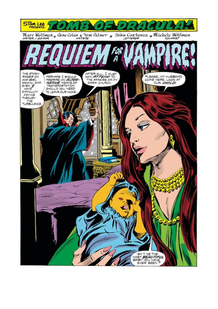 Tomb of Dracula #55, pg. 1; pencils, Gene Colan; inks, Tom Palmer; Count Dracula, vampire; Requiem for a Vampire, Domini, baby, Stan Lee Presents, splash page, Marv Wolfman