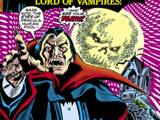 Tomb of Dracula #55 cover; pencils, Gene Colan; inks, Tom Palmer; Count, vampire, Lord of Vampires, Gaze into the eyes and see your death, Requiem for a Vampire