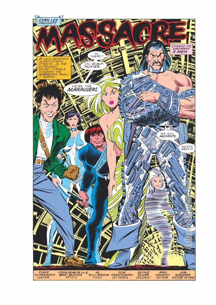 Uncanny X-Men #211, pg. 1; layouts, John Romita Jr.; pencils, Bret Blevins; inks, Al Williamson; Marauders, Scalphunter, Riptide, Arclight, Scrambler, Harpoon, Vertigo, first appearance, splash page, Chris Claremont, Mutant Massacre