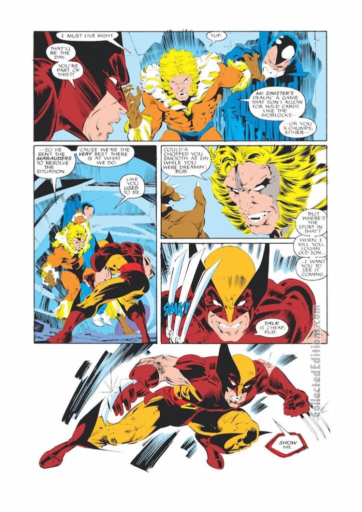 Uncanny X-Men #212, pg. 15; pencils, Rick Leonardi; inks, Dan Green; Wolverine vs. Sabretooth