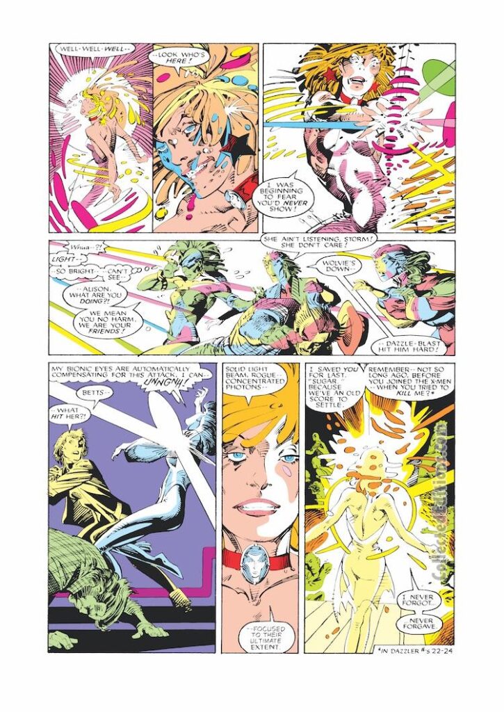 Uncanny X-Men #214, pg. 11; pencils, Barry Windsor-Smith; inks, Bob Wiacek; Dazzler, Storm