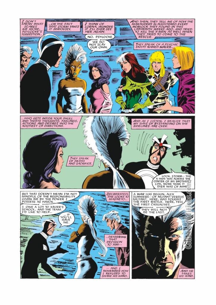 Uncanny X-Men #219, pg. 22; pencils, Bret Blevins; inks, Dan Green; Havok, Psylocke, Betsy Braddock, Mohawk Storm, Magneto, Longshot, Rogue