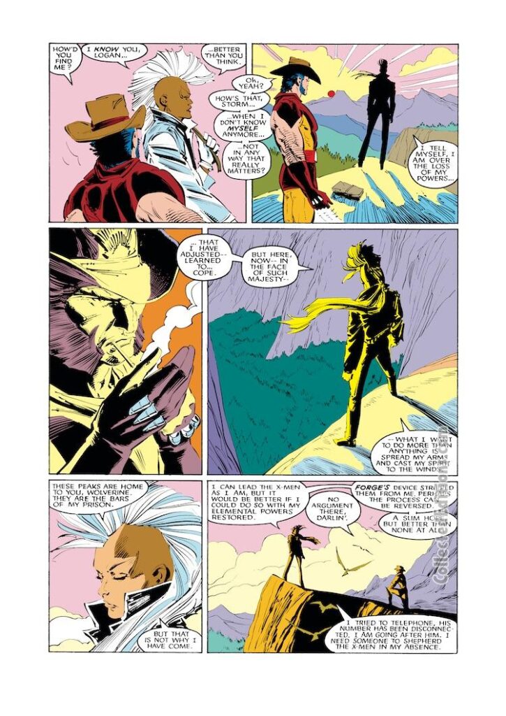 Uncanny X-Men #220, pg. 5; pencils, Marc Silvestri; inks, Dan Green; no powers Storm, Wolverine, Logan