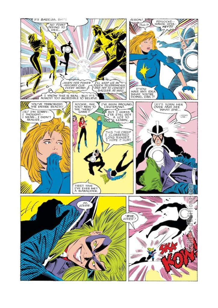 Uncanny X-Men #222, pg. 6; pencils, Marc Silvestri; inks, Dan Green; Dazzler, Havok, Polaris