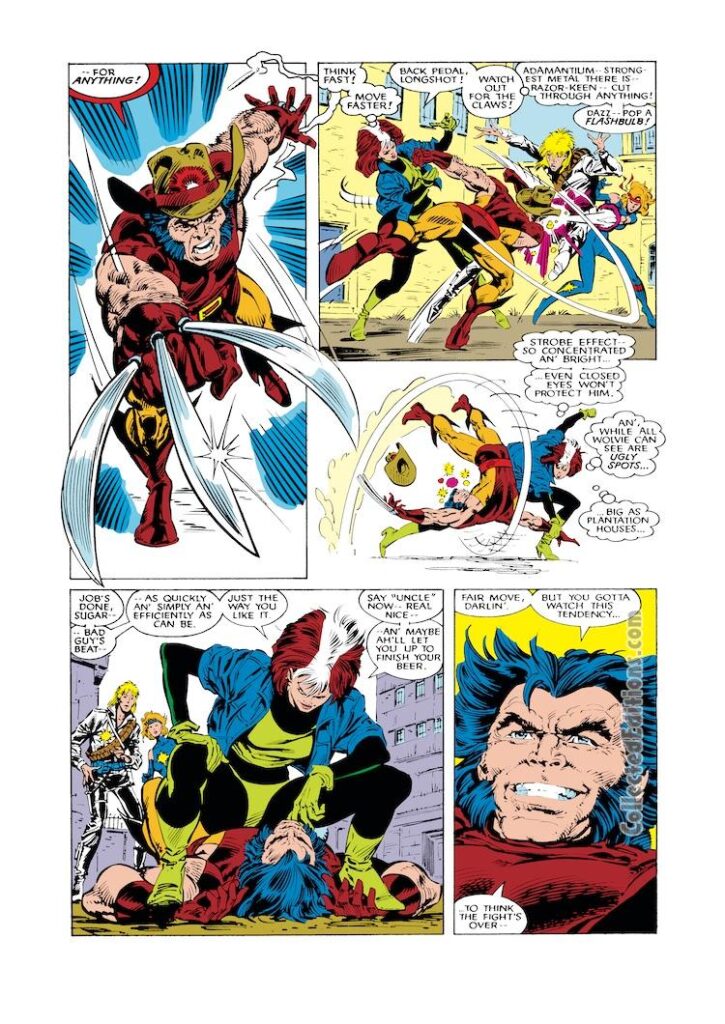 Uncanny X-Men #223, pg. 11; pencils, Kerry Gammill; inks, Dan Green; Wolverine, Rogue, Longshot