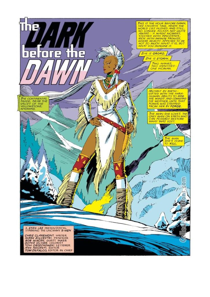 Uncanny X-Men #224, pg. 1; pencils, Marc Silvestri; inks, Bob Wiacek; The Dark Before the Dawn, splash page, Chris Claremont, writer
