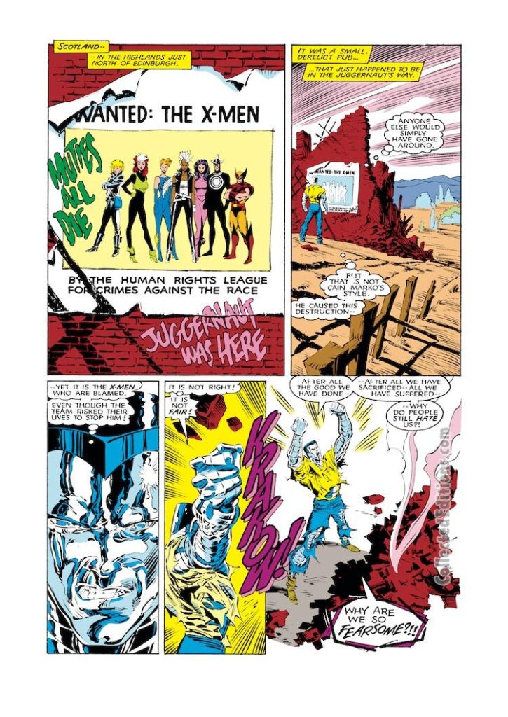Uncanny X-Men #225, pg. 9; pencils, Marc Silvestri; inks, Dan Green; Wanted the X-Men, Human Rights League, Scotland, Colossus
