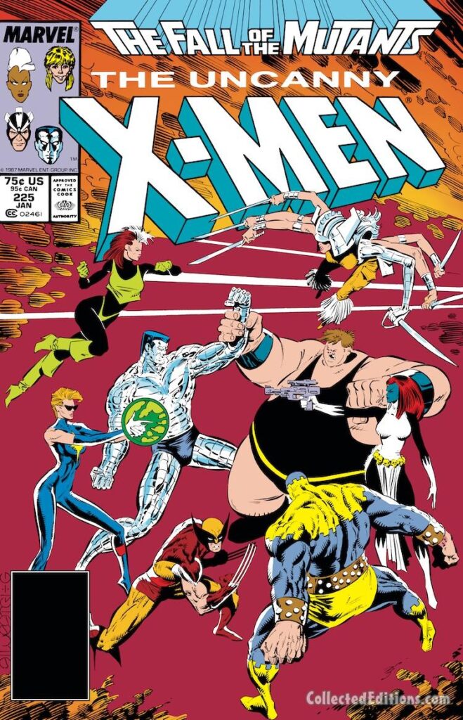 Uncanny X-Men #225 cover; pencils, Marc Silvestri; inks, Dan Green; Freedom Force, Blob, Spiral, Mystique, Wolverine, Dazzler, Colossus, Rogue, Avalanche; Fall of the Mutants