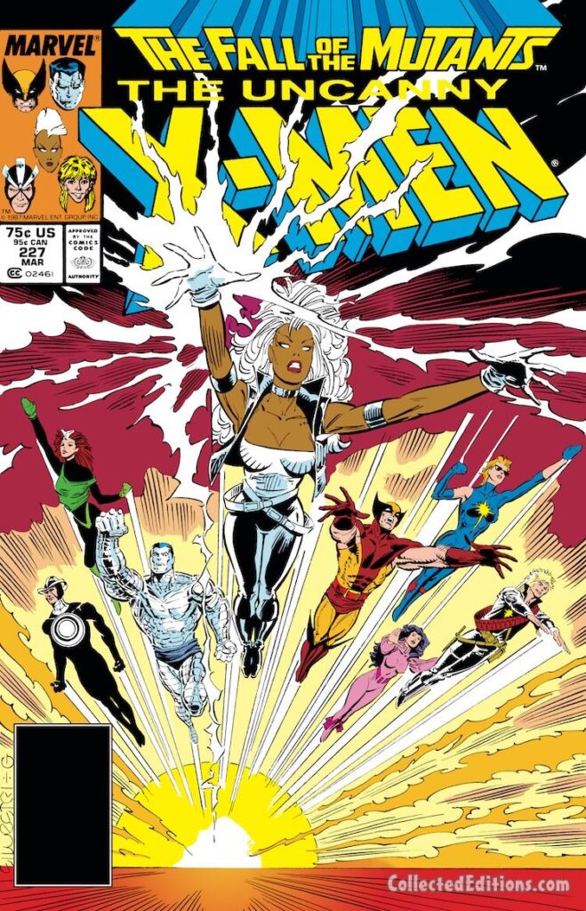 Uncanny X-Men #227 cover; pencils, Marc Silvestri; inks, Dan Green; Fall of the Mutants, Storm, Havok, Rogue, Colossus, Wolverine, Logan, Psylocke, Longshot, Dazzler