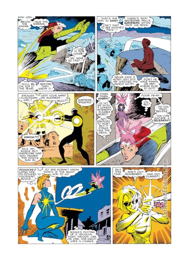 Uncanny X-Men #230, pg. 3; pencils, Marc Silvestri; inks, Joe Rubinstein; Rogue, Gateway, Havok, Dazzler