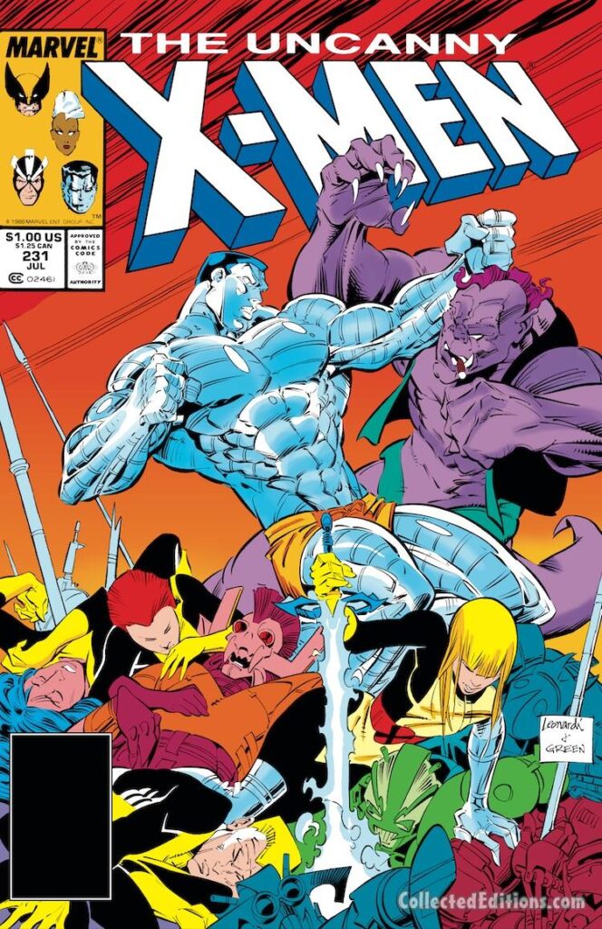 Uncanny X-Men #231 cover; pencils, Rick Leonardi; inks, Dan Green; Colossus, S’ym, Magik, Wolfsbane, New Mutants, Mirage, Cannonball