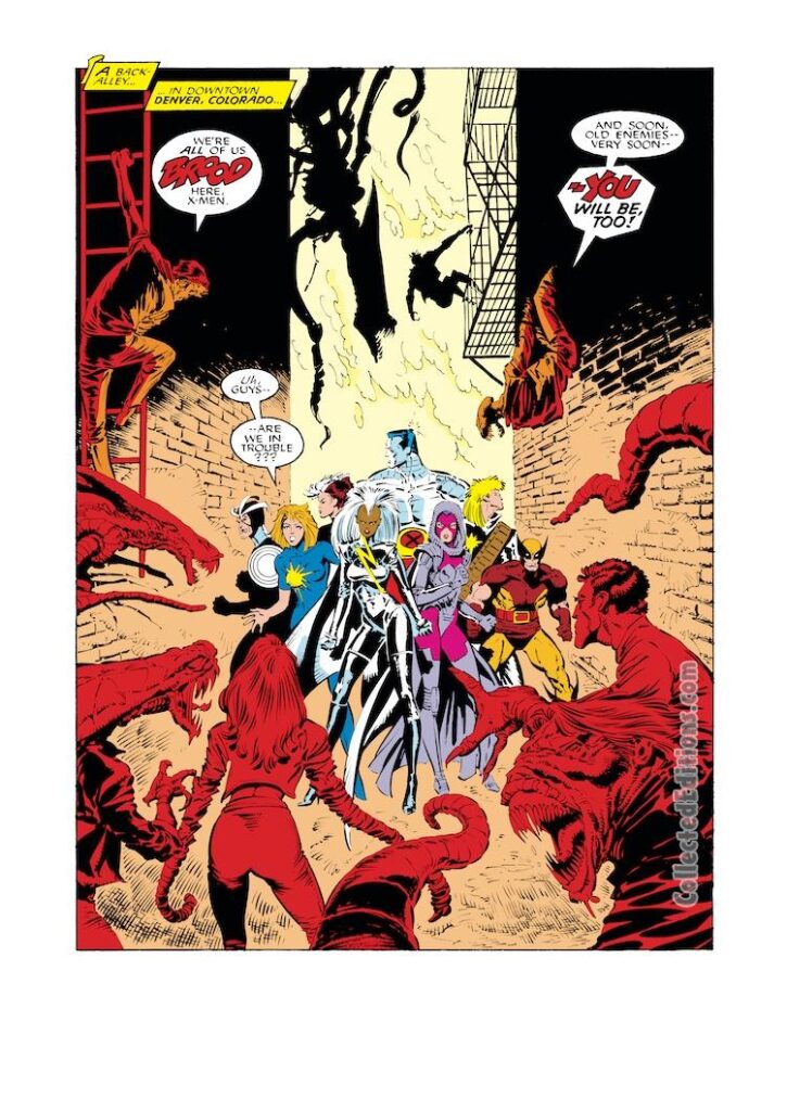 Uncanny X-Men #233, pg. 1; pencils, Marc Silvestri; inks, Dan Green, Brood, Denver, Colorado
