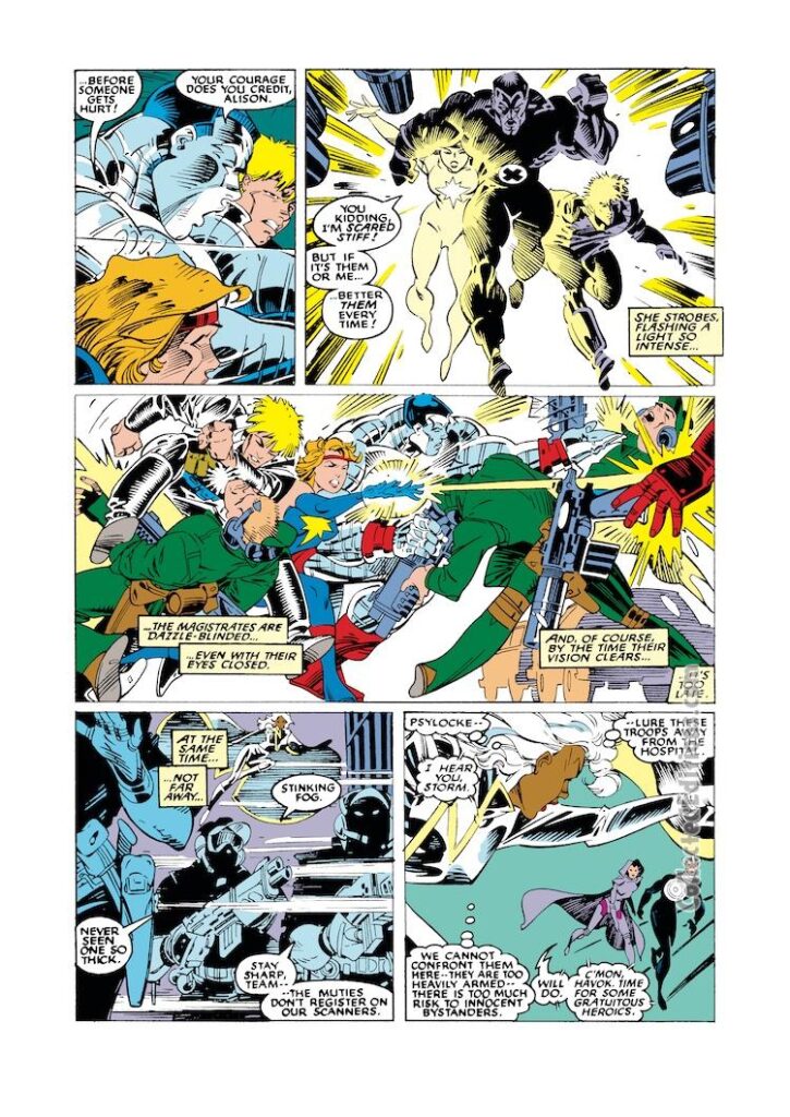 Uncanny X-Men #235, pg. 17; pencils, Rick Leonardi; inks, P. Craig Russell; Dazzler, Longshot, Colossus, Storm