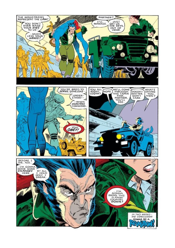 Uncanny X-Men #237, pg. 22; pencils, Rick Leonardi; inks, Terry Austin; Wolverine, Rogue, Australia