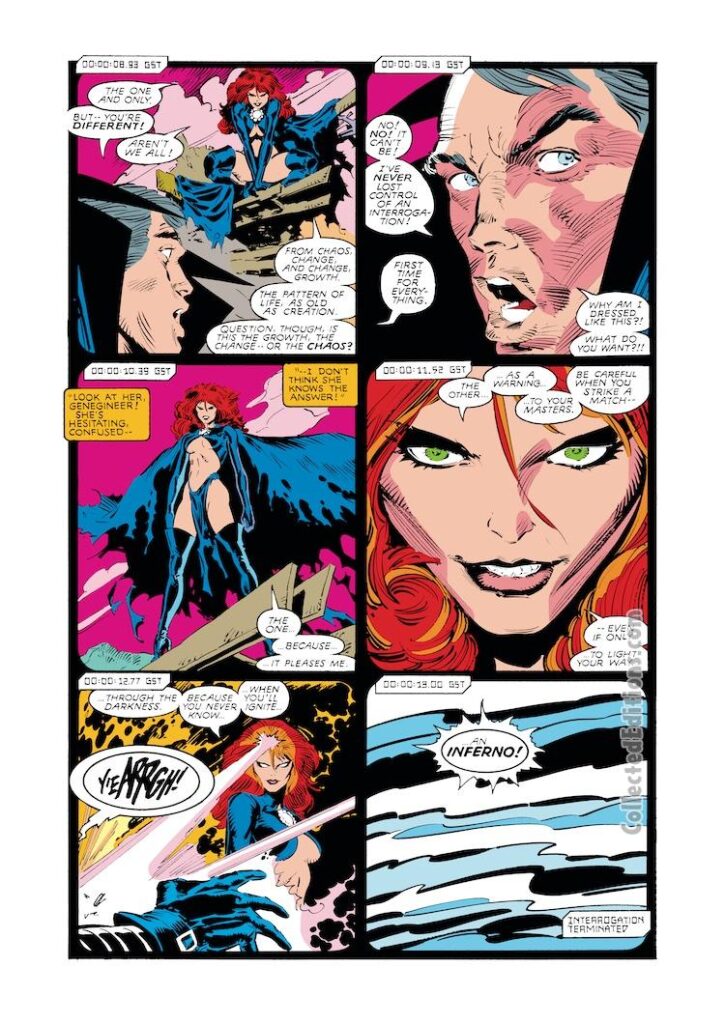 Uncanny X-Men #238, pg. 4; pencils, Marc Silvestri; inks, Dan Green; Madelyne Pryor, Goblin Queen, Mister Sinister, Inferno
