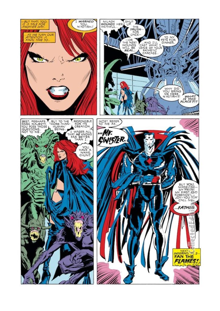 Uncanny X-Men #240, pg. 22; pencils, Marc Silvestri; inks, Dan Green; Mister Sinister, first appearance, Madelyne Pryor, Goblin Queen