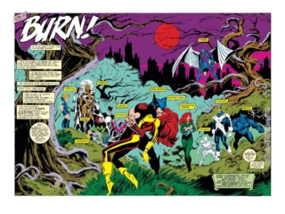 Uncanny X-Men #242, pgs. 2-3; pencils, Marc Silvestri; inks, Dan Green; Burn, double-page spread, Chris Claremont, Iceman, Madelyne Pryor, Wolverine kisses Jean Grey, Phoenix