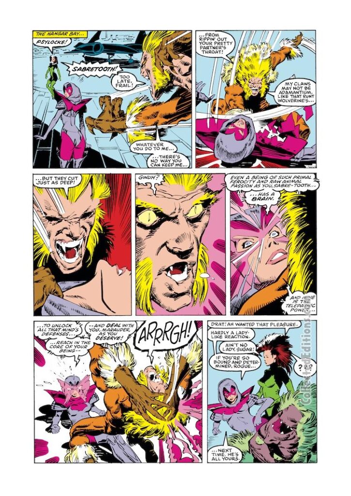 Uncanny X-Men #243, pg. 18; pencils, Marc Silvestri; inks, Hilary Barta; Inferno, Sabretooth, Rogue, Psylocke