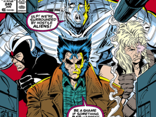 Uncanny X-Men #245 cover; pencils and inks, Rob Liefeld; Colossus, Wolverine, Havok, Longshot, Ulp, we&rsquo;re surrounded by hostile aliens, be a shame if something bad happens to my nice new jacket