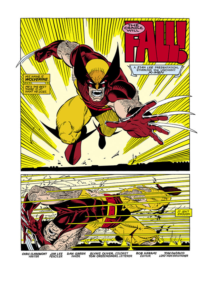 Uncanny X-Men #248, pg. 1; pencils, Jim Lee; inks, Dan Green; The Cradle will fall, Wolverine, Logan, Stan Lee Presents, Chris Claremont splash page