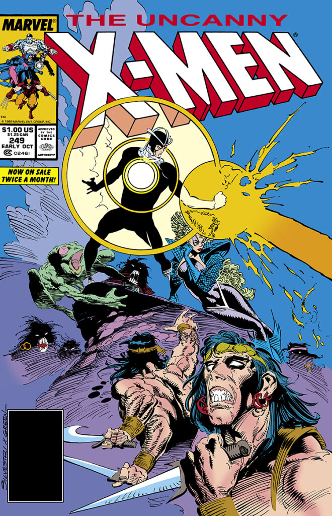 Uncanny X-Men #249 cover; pencils, Marc Silvestri; inks, Dan Green; Havok.Polaris; Savage Land, Amphibius, Gaza