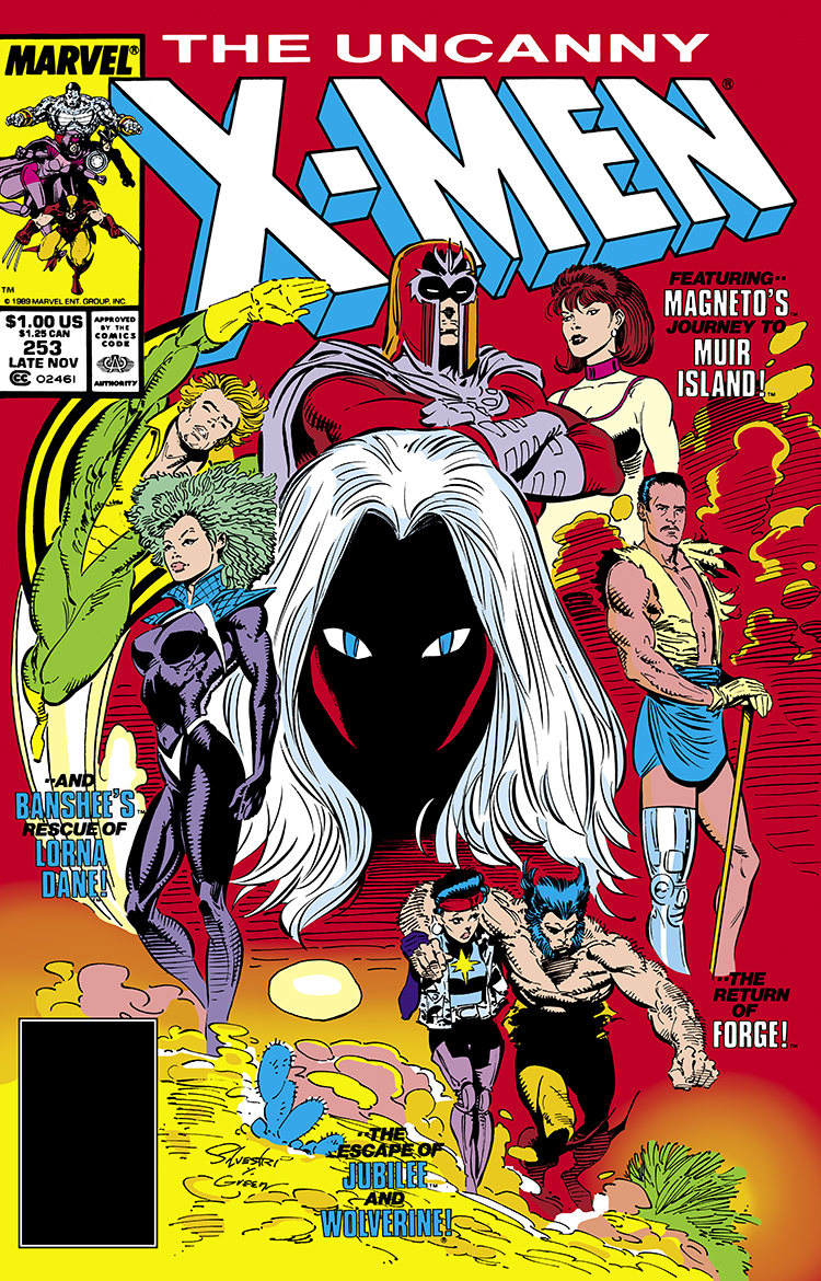 Uncanny X-Men #253 cover; pencils, Marc Silvestri; inks, Dan Green; Featuring Magneto’s journey to Muir Island, Return of Forge, Moira MacTaggart, Banshee’s rescue of Lorna Dane, Polaris, Storm, escape of Jubilee and Wolverine