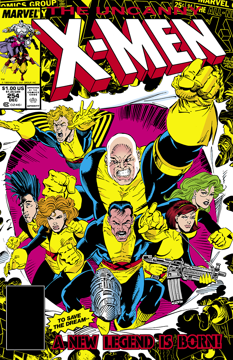 Uncanny X-Men #254 cover; pencils, Jim Lee; inks, Dan Green; To save the dream, a new legend is born, Forge, Banshee, Moira MacTaggart; Legion, Polaris, Amanda Sefton, Sunder