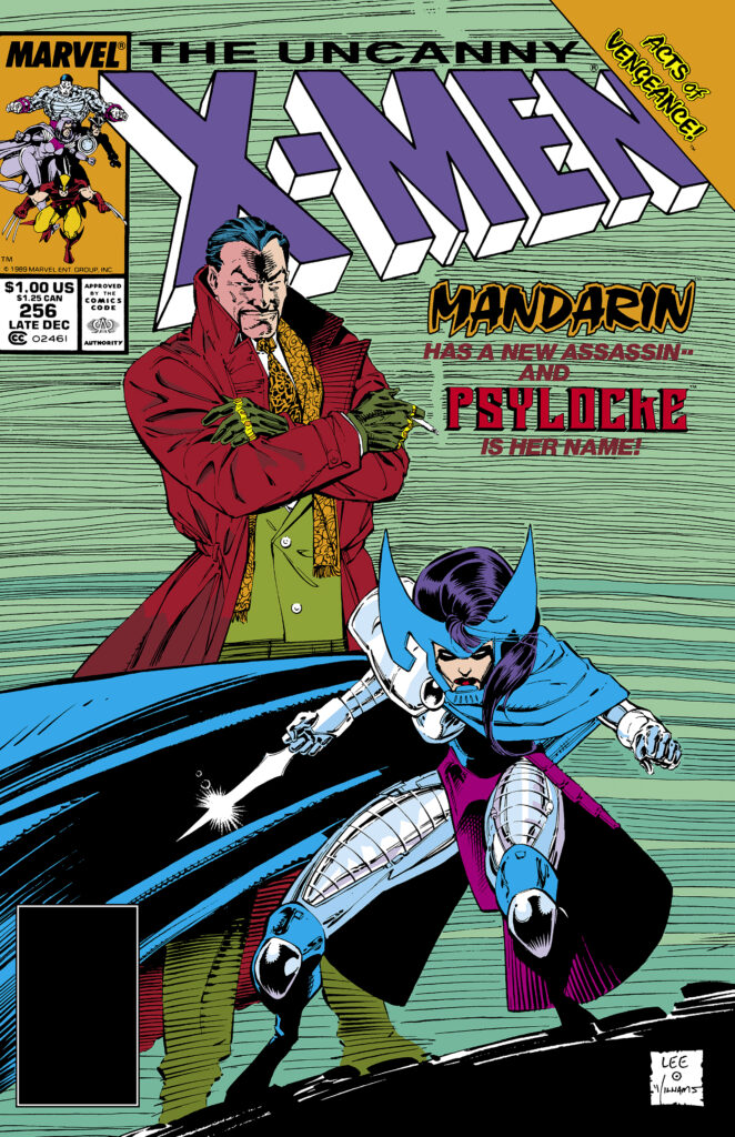 Uncanny X-Men #256 cover; pencils, Jim Lee; inks, Scott Williams; Mandarin has a new assassin and Psylocke is Her Name, Betsy Braddock, Acts of Vengeance
