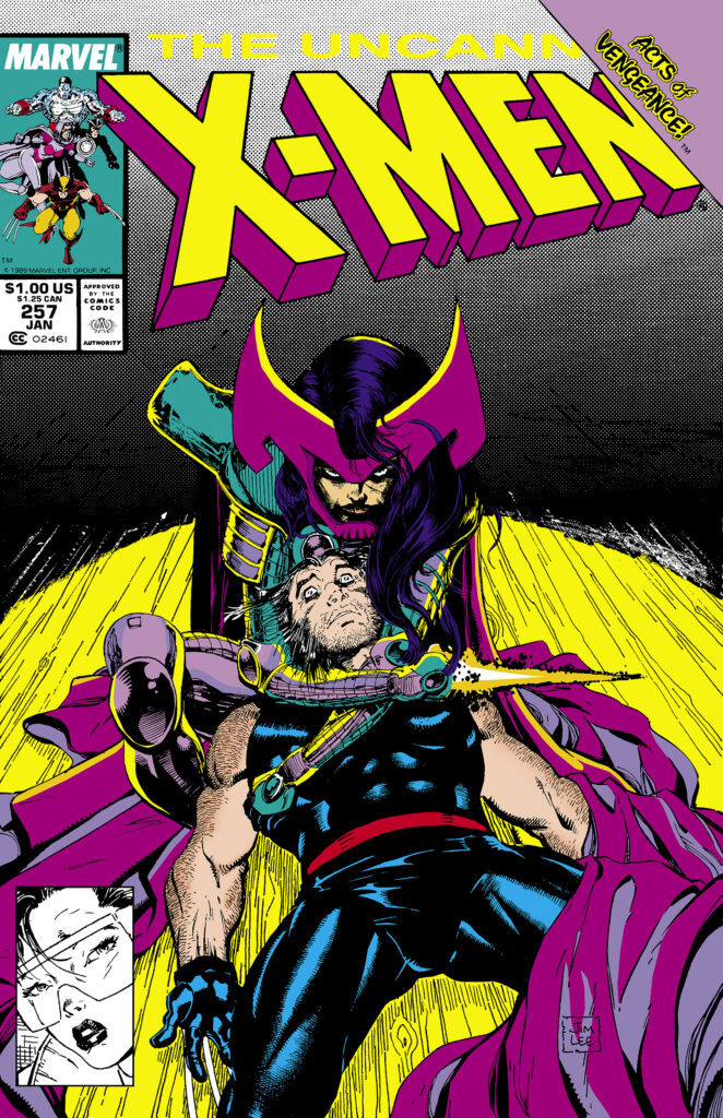 Uncanny X-Men #257 cover; pencils and inks, Jim Lee; Psylocke, Betsy Braddock. Wolverine, Acts of Vengeance