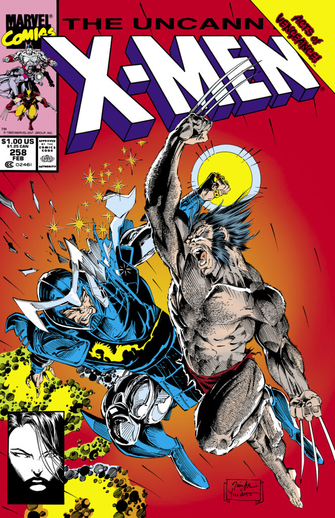 Uncanny X-Men #258 cover; pencils, Jim Lee; inks, Scott Williams; Mandarin, Logan, Wolverine, Acts of Vengeance; Psylocke corner box