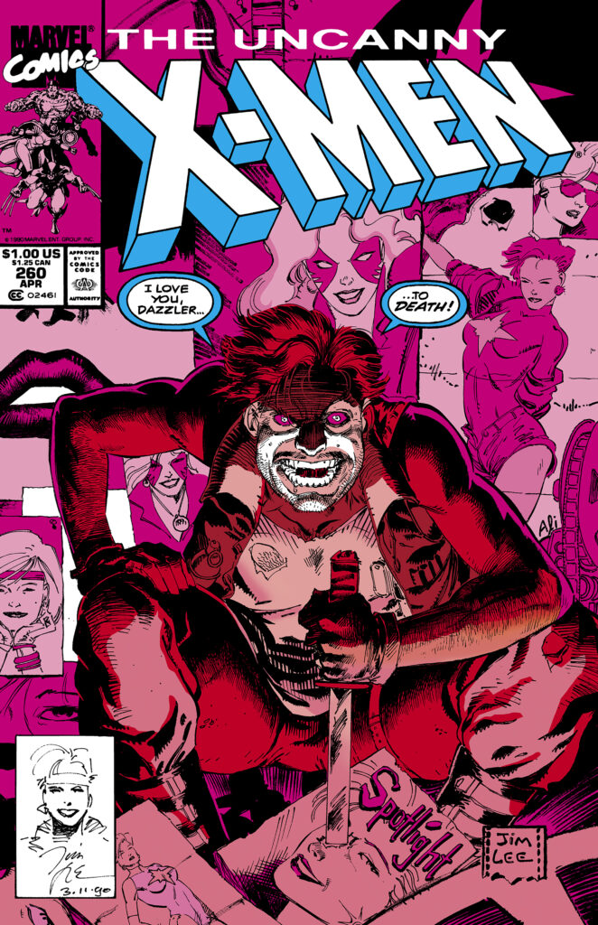 Uncanny X-Men #260 cover; pencils and inks, Jim Lee; Dazzler, Alison Blaire; Eric Beale, stalker