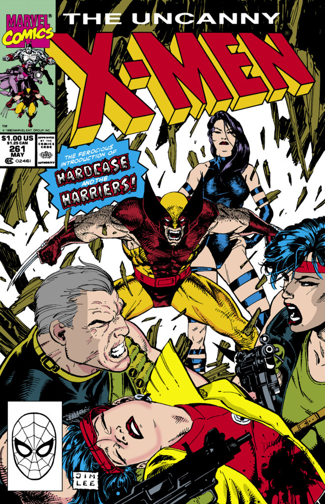 Uncanny X-Men #261 cover; pencils and inks, Jim Lee; The ferocious introduction of Hardcore and the Harriers, Harry Malone, Blindside, Wolverine, Psylocke, Jubilee