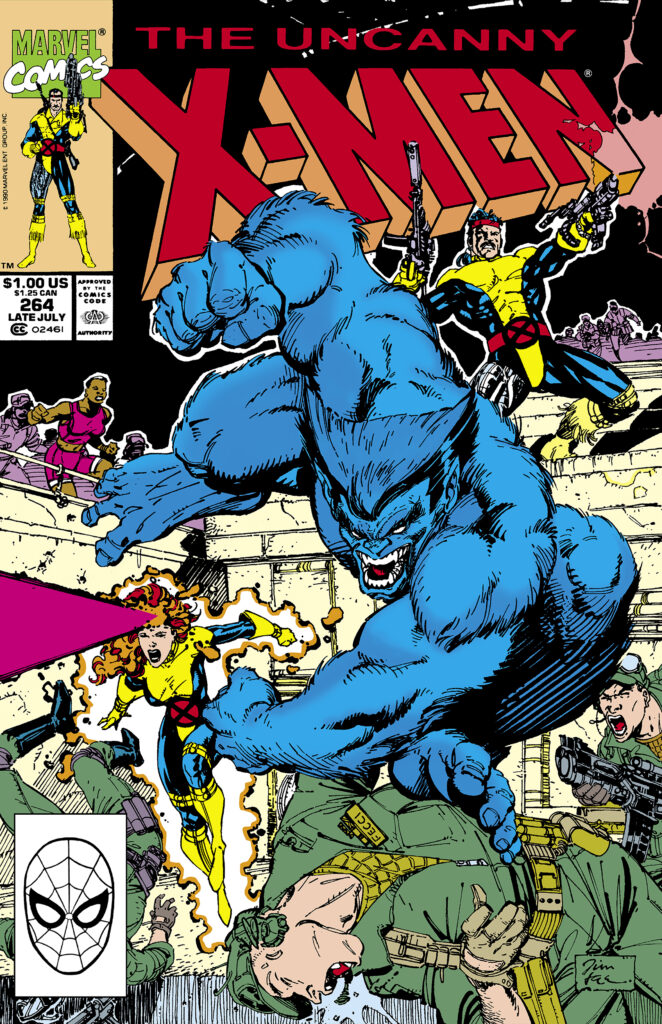 Uncanny X-Men #264 cover; pencils and inks, Jim Lee; Beast, Forge, Jean Grey, Punchout