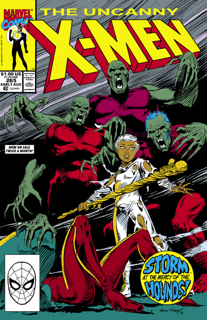 Uncanny X-Men #265 cover; pencils and inks, Andy Kubert; Storm at the mercy of the Hounds